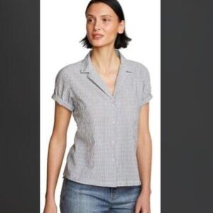 NWT EDDIE BAUER Short Sleeve Stripe Packable Camp Shirt Marina XL